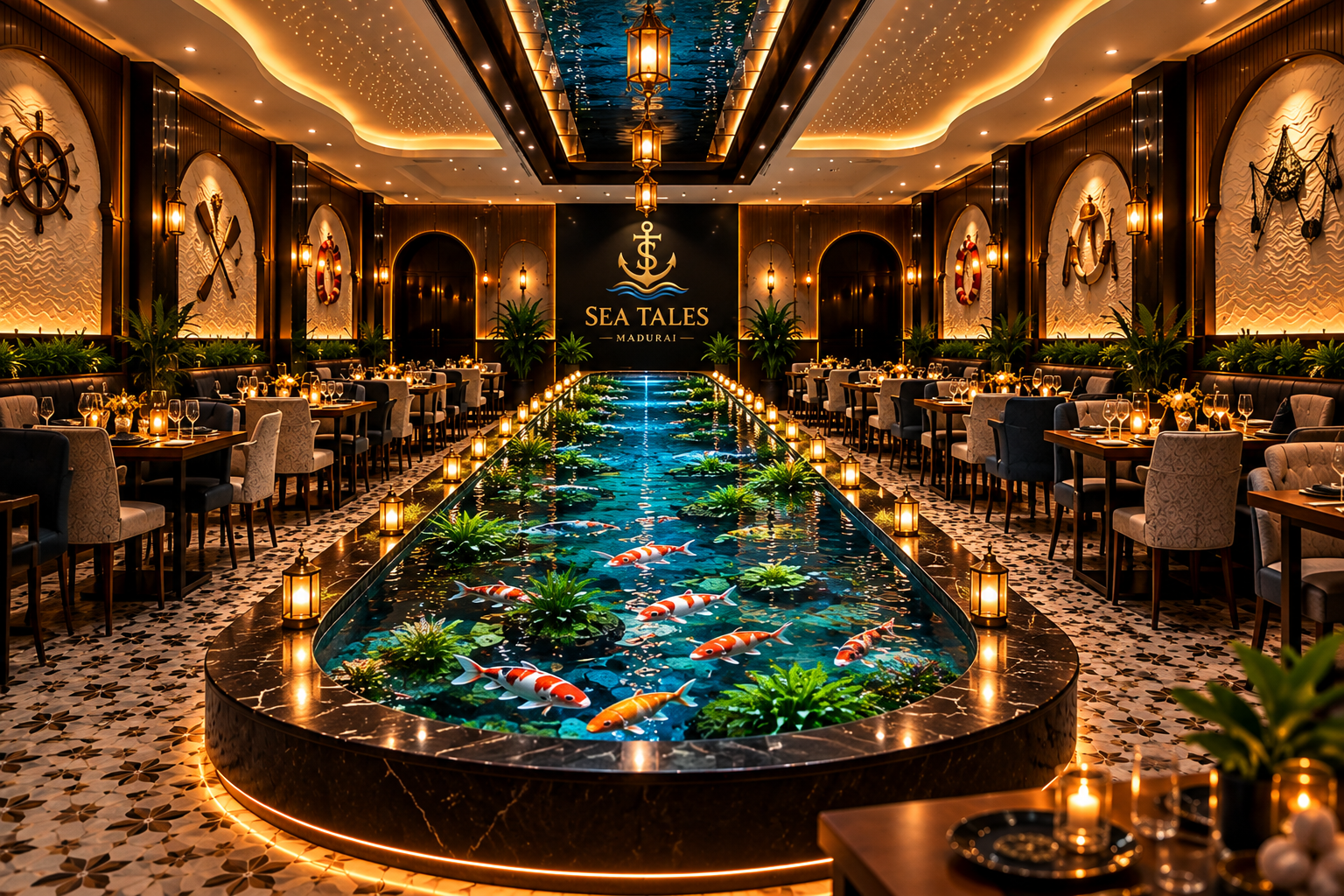 Koi pond dining hall at Madurai Sea Tales